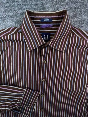 Gap Button Up Shirt Mens Size 14 14.5 Small Long Sleeve Fitted Striped Brown